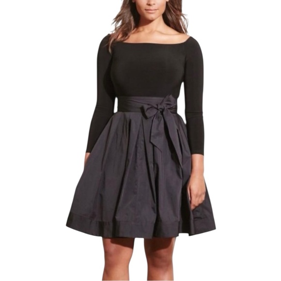 Lauren Ralph Lauren Black Fit & Flare Tie Waist Dress Size 4 Taffeta Minimalist - Picture 1 of 8